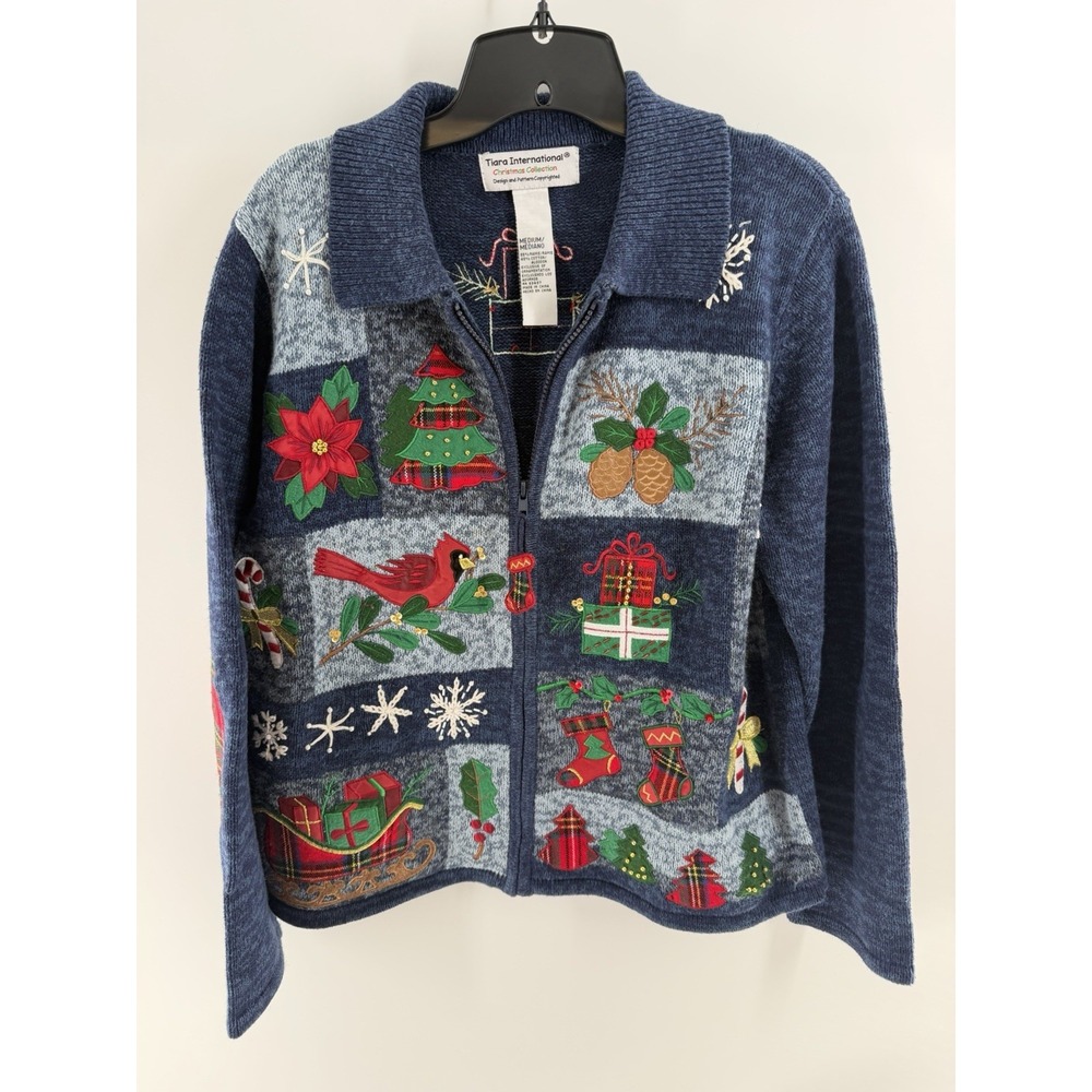 Vtg Tiara Holiday Women Knit Christmas Winter Cardigan Sweater Med Blue